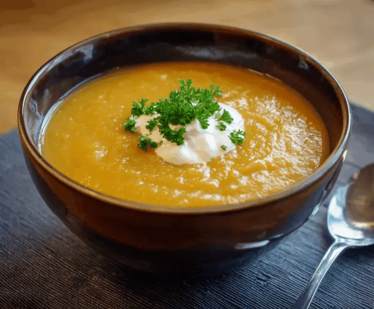 Creamy apple and sweet potato soup garnished with fresh herbs in a bowl, perfect for a comforting, healthy meal.
