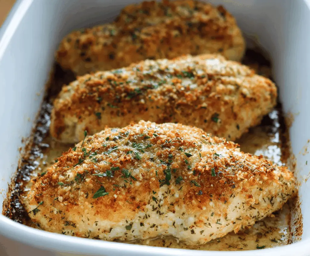Juicy baked ranch chicken breasts garnished with fresh herbs served on a white plate, perfect for a flavorful and easy dinner recipe.