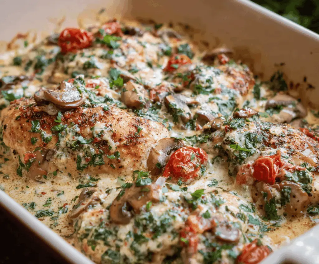 Creamy baked Tuscan chicken casserole topped with fresh herbs and golden cheese, served with a side of roasted vegetables.