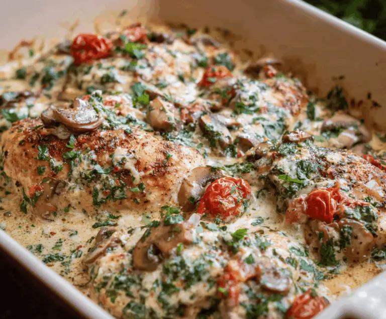 Creamy baked Tuscan chicken casserole topped with fresh herbs and golden cheese, served with a side of roasted vegetables.