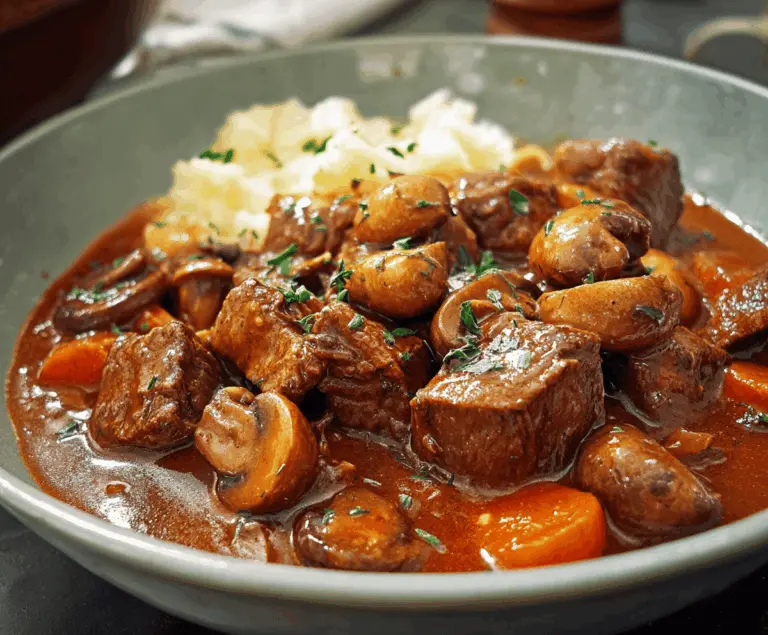 Hearty beef stew with mushrooms, carrots, and potatoes in a rustic bowl, perfect for comforting meals.