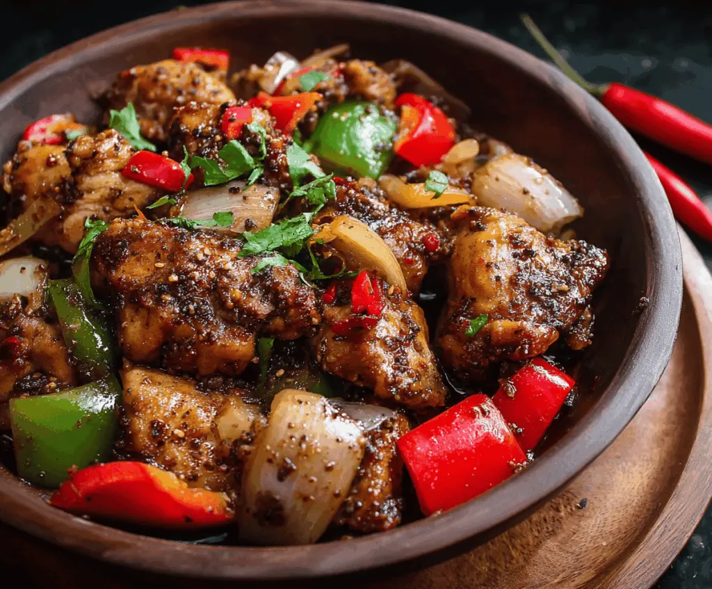 Savory Black Pepper Chicken stir-fry with tender chicken pieces coated in spicy black pepper sauce, garnished with fresh herbs