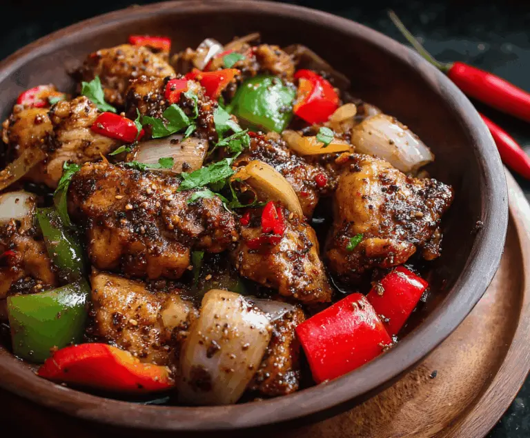 Savory Black Pepper Chicken stir-fry with tender chicken pieces coated in spicy black pepper sauce, garnished with fresh herbs