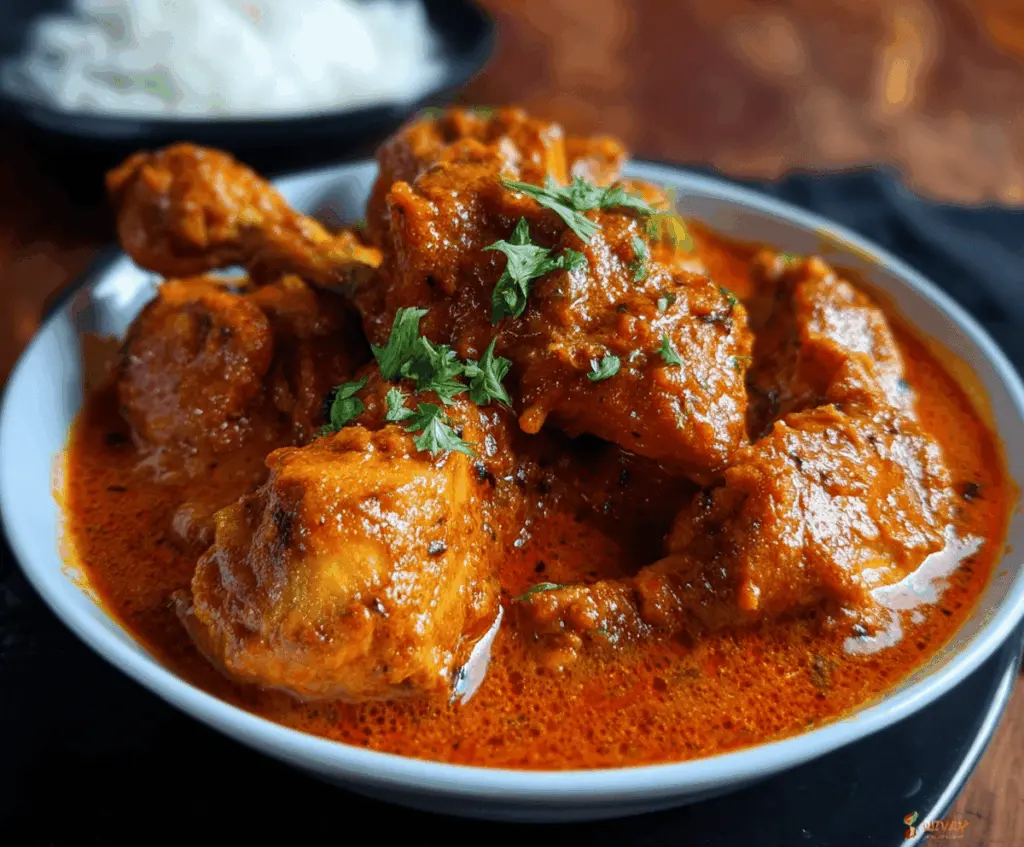 Creamy Butter Chicken served with steamed rice and fresh herbs, topped with a rich tomato-based sauce and melted butter for a flavorful Indian dish.