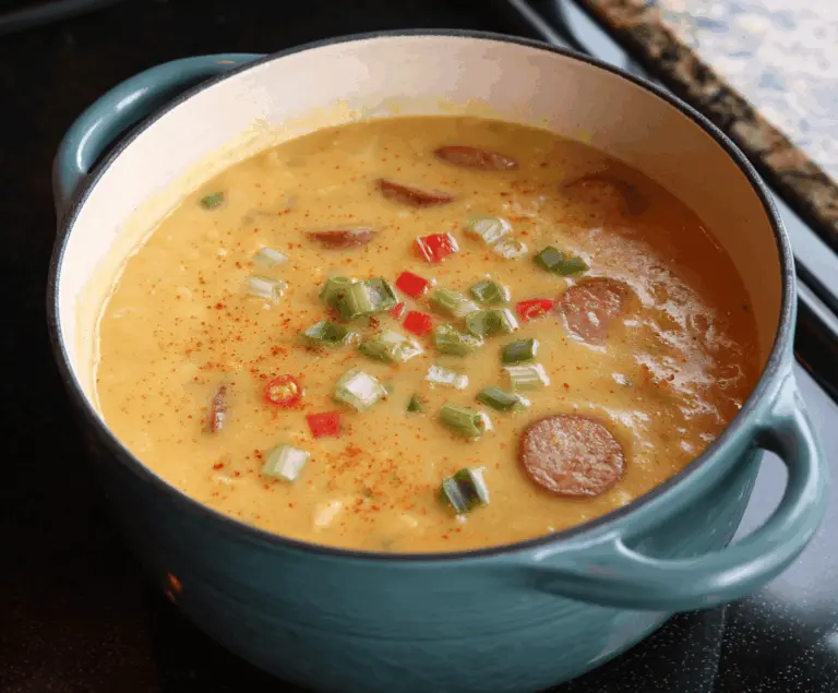 Creamy Cajun Potato Soup in a bowl topped with green onions and spices, perfect for a flavorful comfort meal.