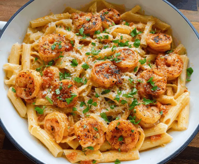 Creamy Cajun Shrimp Pasta with spicy seasoned shrimp and fettuccine garnished with fresh herbs
