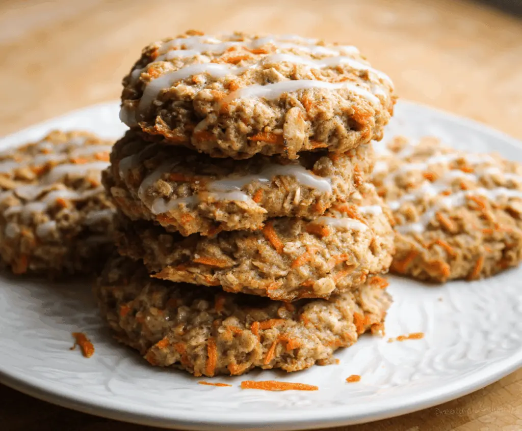 Delicious Carrot Cake Oatmeal Cookies with shredded carrots, walnuts, and cinnamon on a white plate.