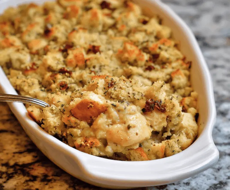 Golden baked chicken and stuffing casserole garnished with fresh herbs, served hot on a plate.
