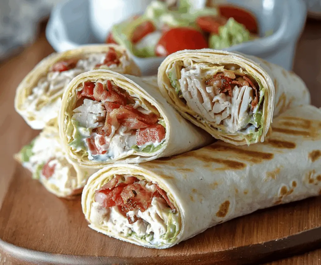 Delicious Chicken Bacon Ranch Wraps with crispy bacon, tender chicken, fresh lettuce, and creamy ranch sauce wrapped in a flour tortilla.