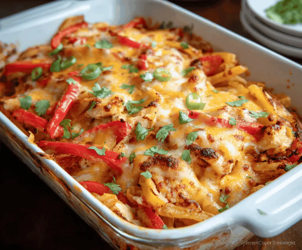 Delicious Chicken Fajita Casserole topped with melted cheese, colorful bell peppers, and seasoned chicken, ready to serve.