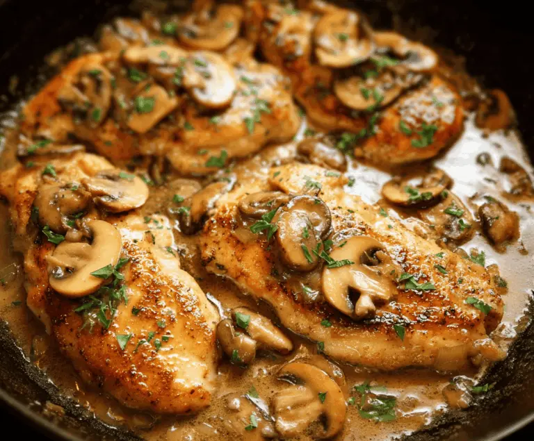 Savory Chicken Marsala served with a rich mushroom and wine sauce on a white plate, garnished with fresh herbs