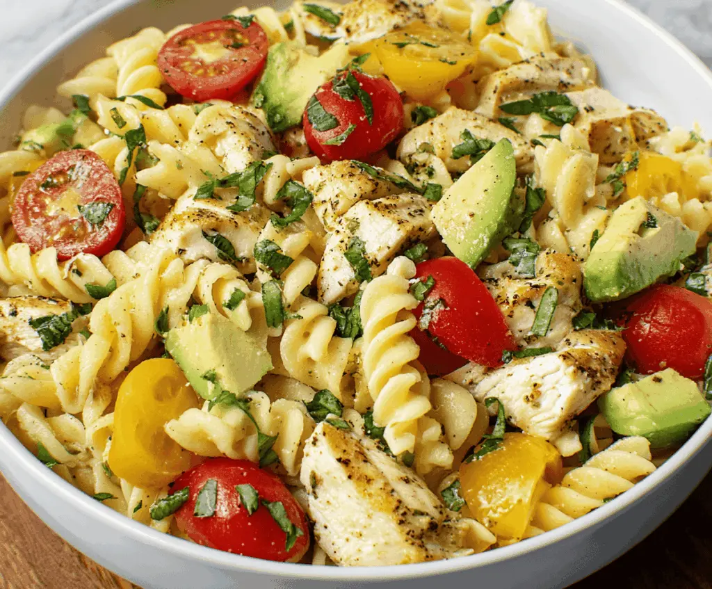 Fresh Chicken Pasta Salad with Avocado, Tomato, and herbs in a colorful bowl, perfect for a healthy meal