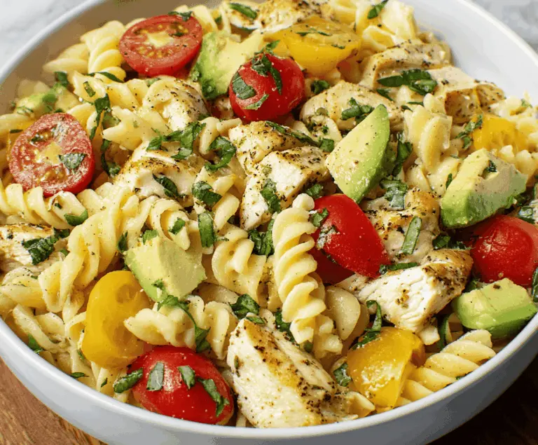 Fresh Chicken Pasta Salad with Avocado, Tomato, and herbs in a colorful bowl, perfect for a healthy meal