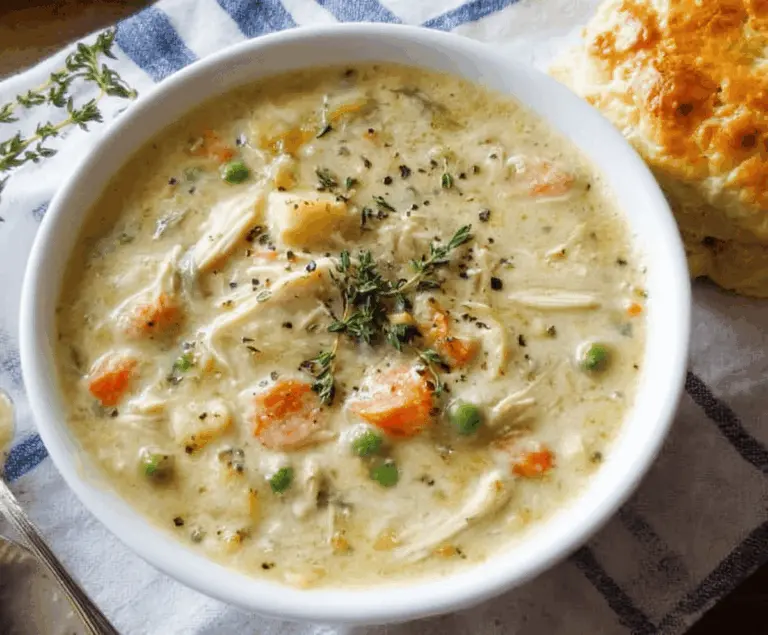 Creamy Chicken Pot Pie Soup topped with flaky pastry crust and fresh herbs in a white bowl, perfect for a comforting meal.