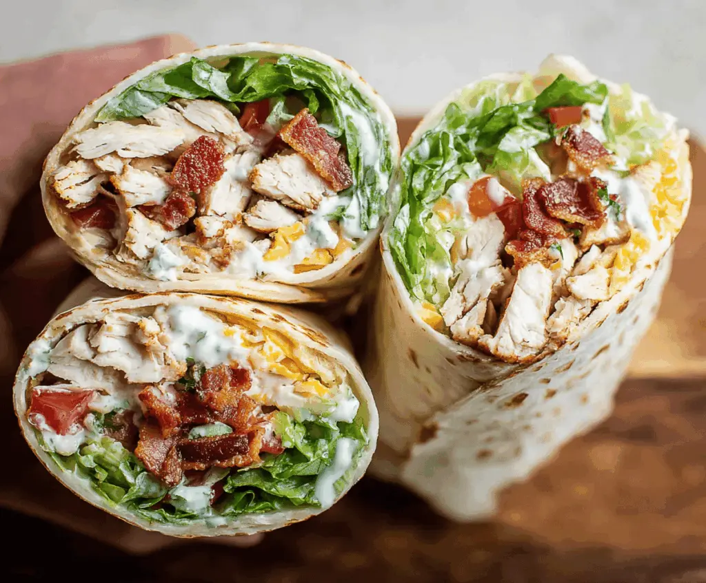 Delicious Chicken Ranch Wraps with grilled chicken, fresh vegetables, and creamy ranch dressing wrapped in a tortilla.