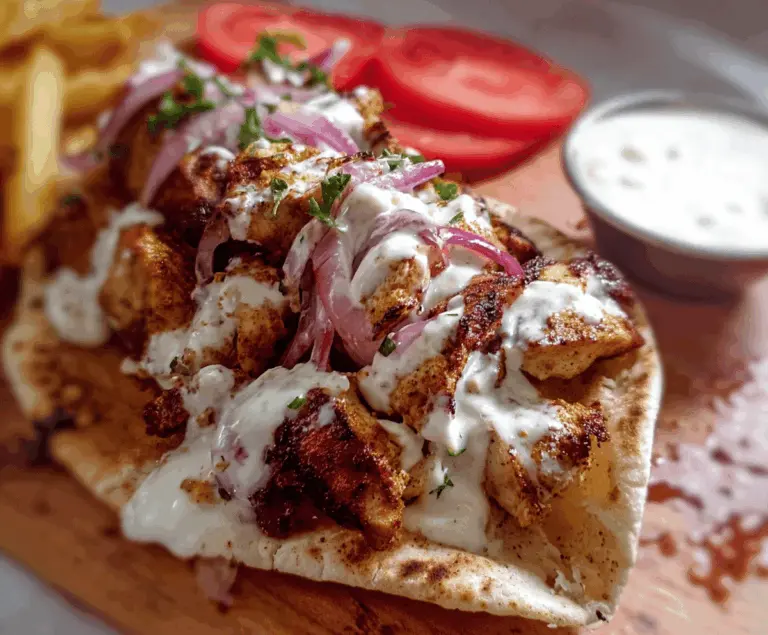 Delicious Chicken Shawarma topped with creamy garlic sauce served on a plate with fresh vegetables and herbs