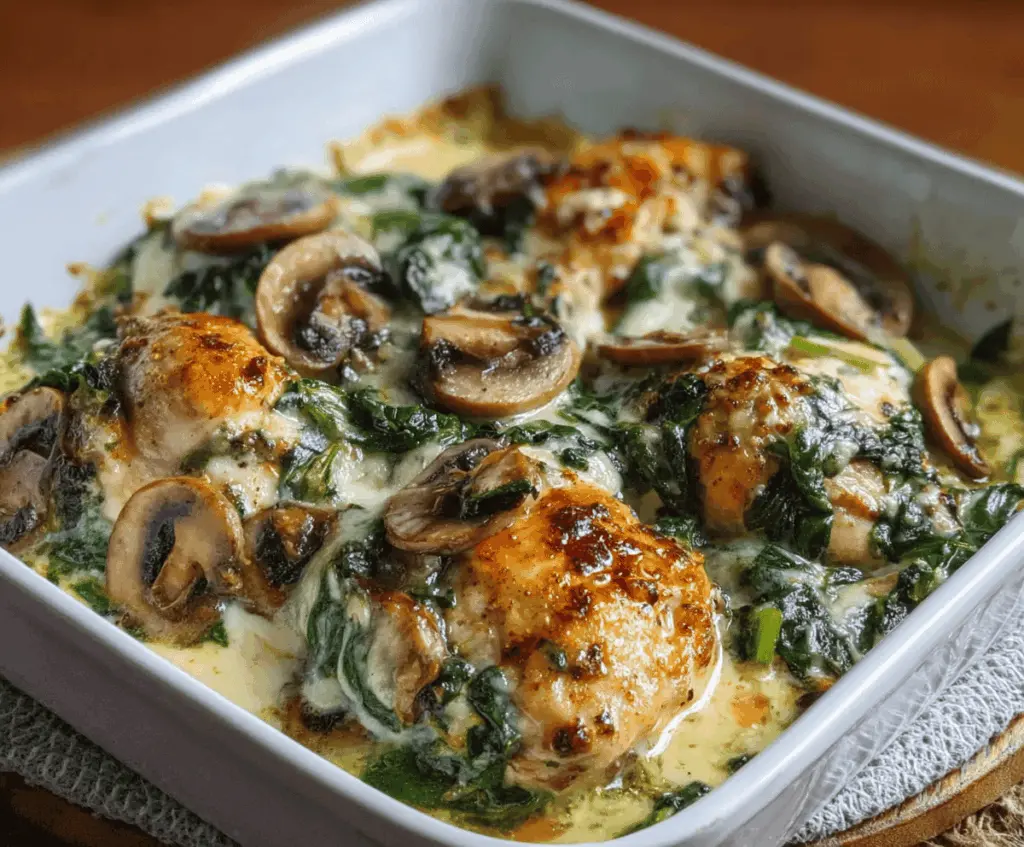 Delicious chicken, spinach, and mushroom low-carb bake served on a plate with fresh ingredients and melted cheese topping.