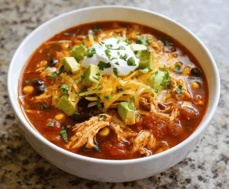 A flavorful bowl of chicken taco soup garnished with fresh cilantro, shredded cheese, and lime wedges, served with tortilla chips on the side.
