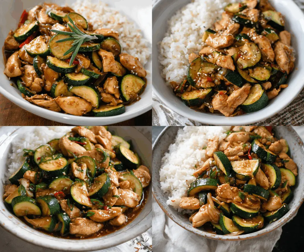 Delicious Chicken Zucchini Stir Fry with vibrant vegetables and tender chicken pieces in a savory sauce on a white plate.