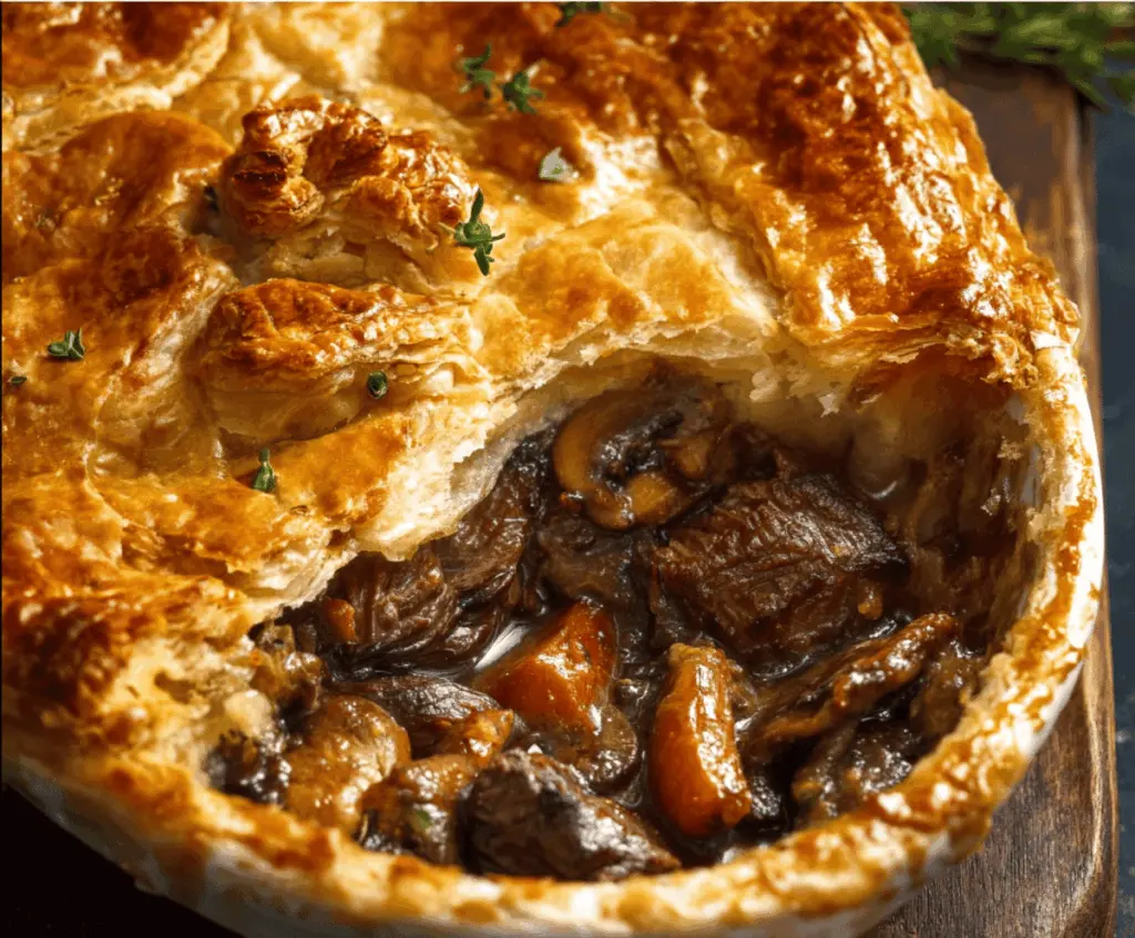 Delicious chunky beef and mushroom pie topped with golden pastry crust, served with fresh herbs on a rustic plate.
