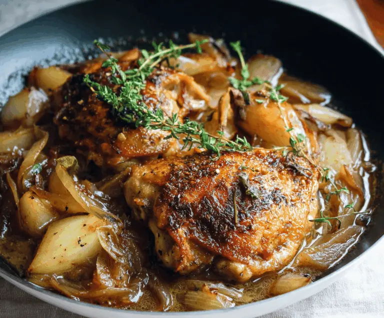 Delicious cider braised chicken topped with caramelized onions, served on a plate with fresh herbs