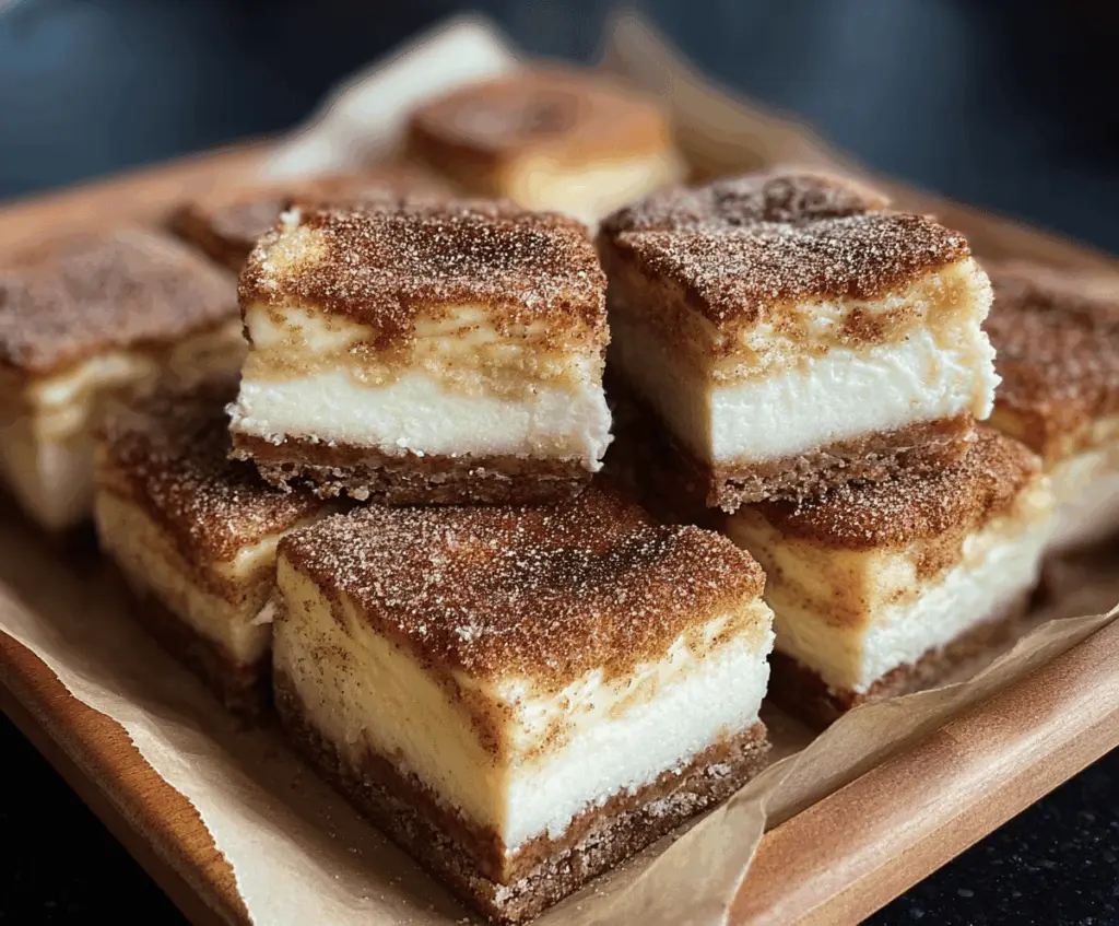 Creamy cinnamon churro cheesecake bars topped with crispy churro pieces and cinnamon sugar crust, perfect for dessert lovers