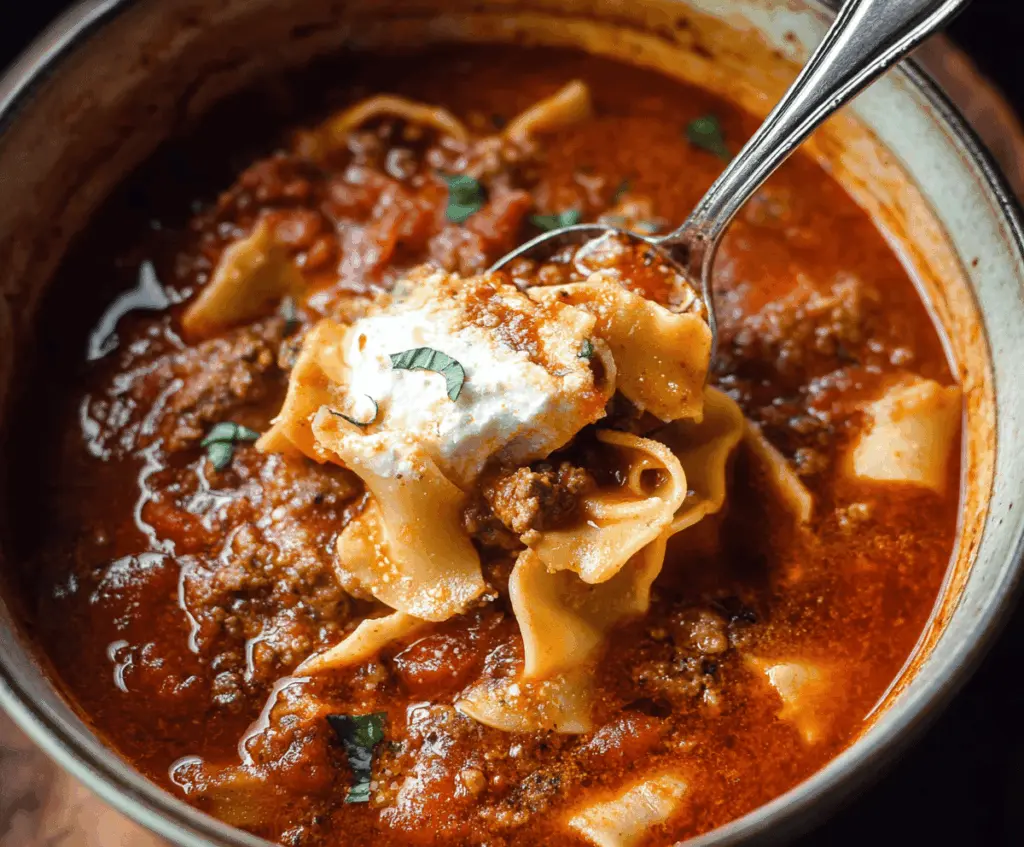 A bowl of steaming classic lasagna soup topped with melted cheese, fresh basil, and ricotta, showcasing a hearty Italian-inspired meal with layers of savory sauce, pasta, and herbs.