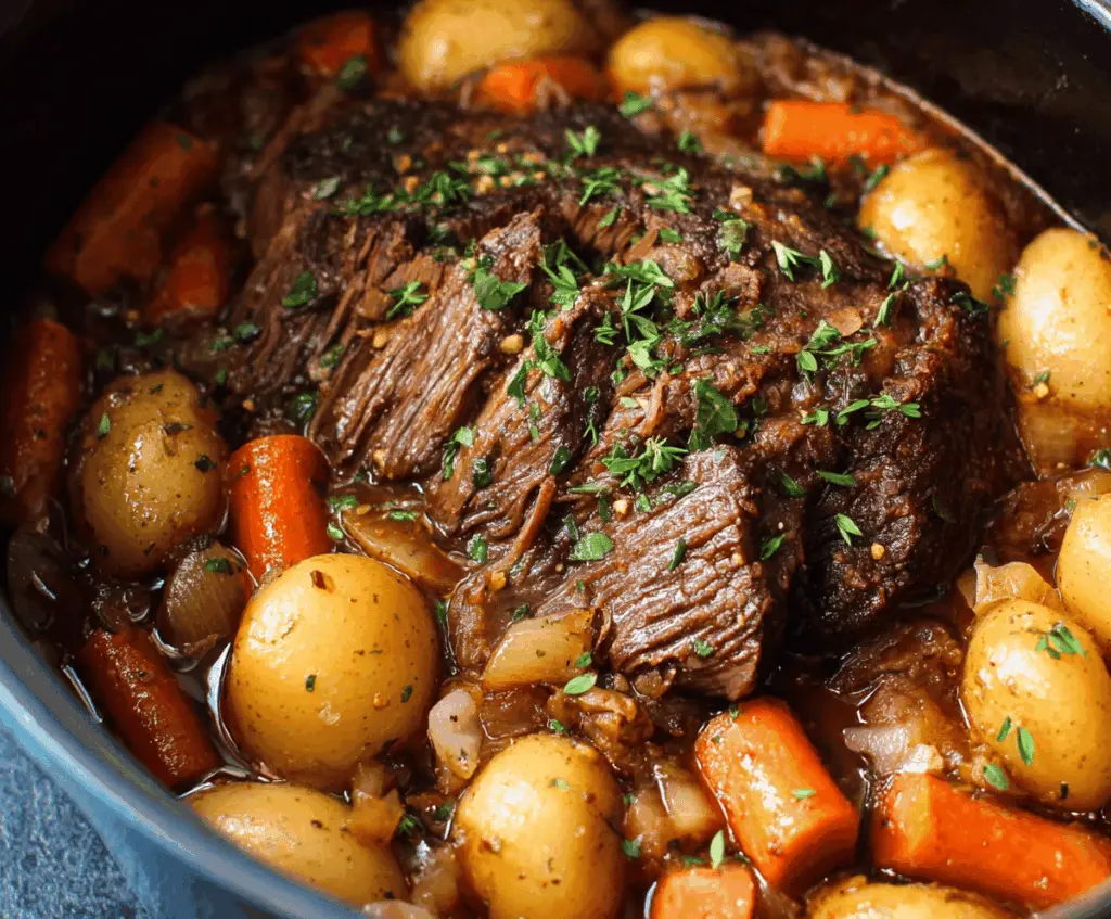 Juicy, tender classic pot roast served with carrots and potatoes on a rustic plate, perfect for a hearty family dinner.