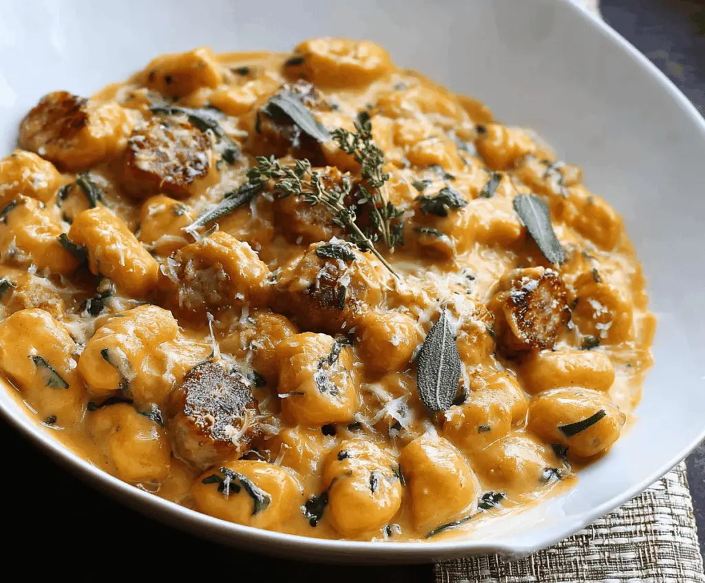 Creamy butternut squash gnocchi with sausage, garnished with herbs, served on a plate for a delicious fall-inspired dish.