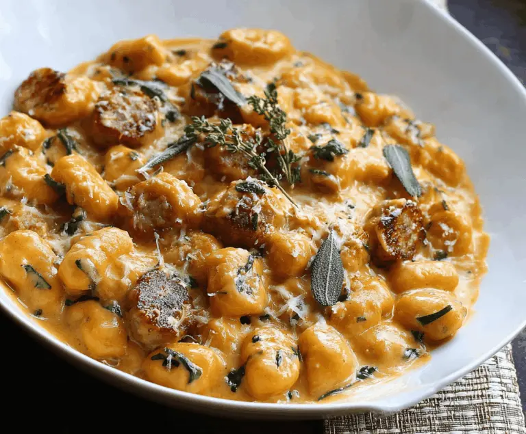 Creamy butternut squash gnocchi with sausage, garnished with herbs, served on a plate for a delicious fall-inspired dish.