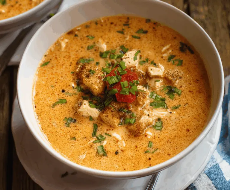 Creamy Cajun Chicken Soup with sliced chicken, fresh herbs, and spicy Cajun seasoning in a bowl
