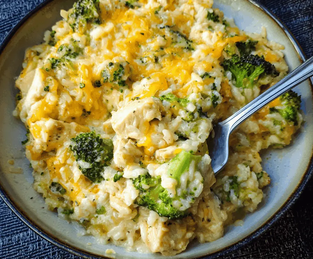 Delicious creamy chicken broccoli rice cheese casserole in a baking dish, topped with melted cheese and fresh broccoli florets.