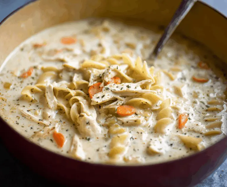A steaming bowl of creamy chicken noodle soup garnished with fresh herbs, featuring tender chicken, vegetables, and egg noodles in a rich, creamy broth.