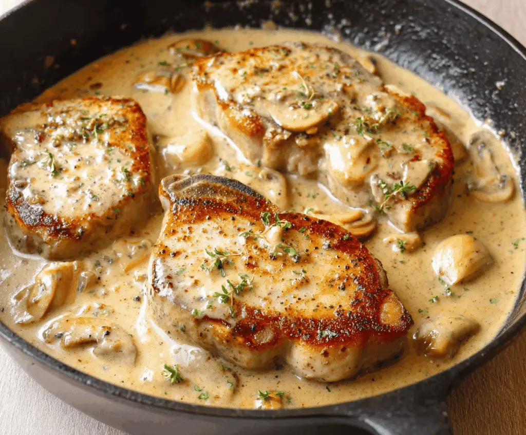 Creamy garlic pork chops served with herbs on a white plate, showcasing a delicious and tender meal ready to enjoy.