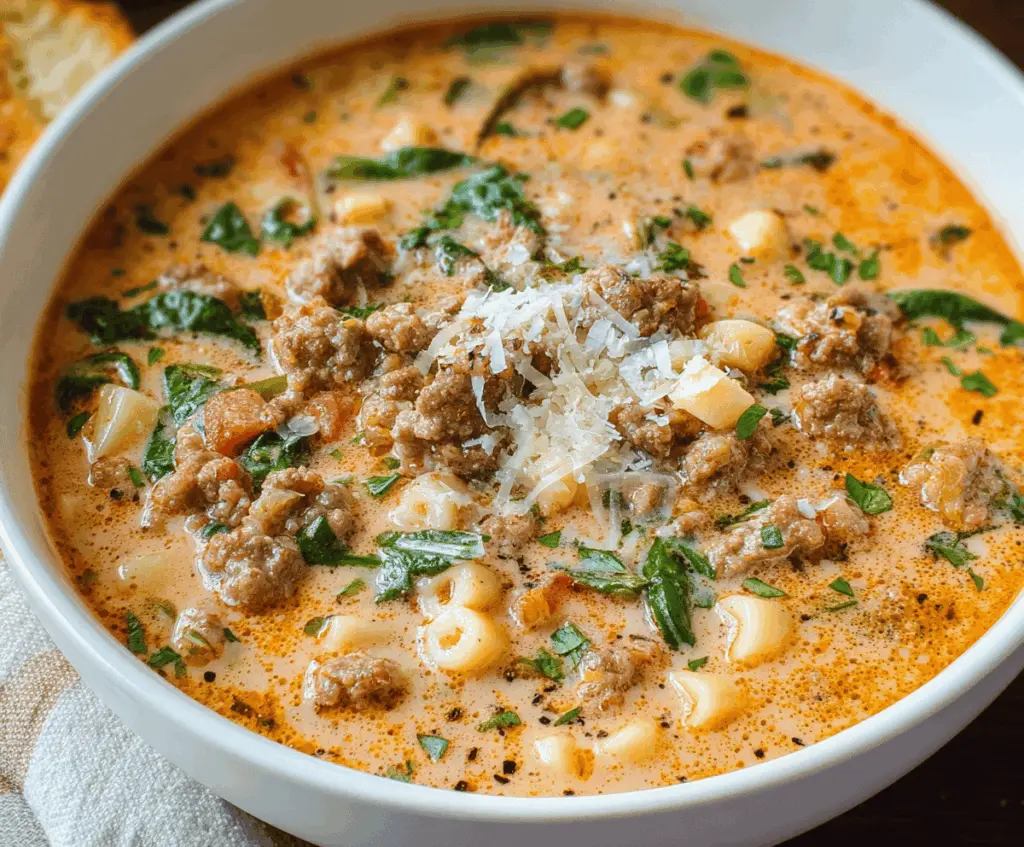 Creamy Parmesan Italian Sausage Soup with Italian sausage, creamy broth, fresh herbs, and grated Parmesan cheese in a bowl