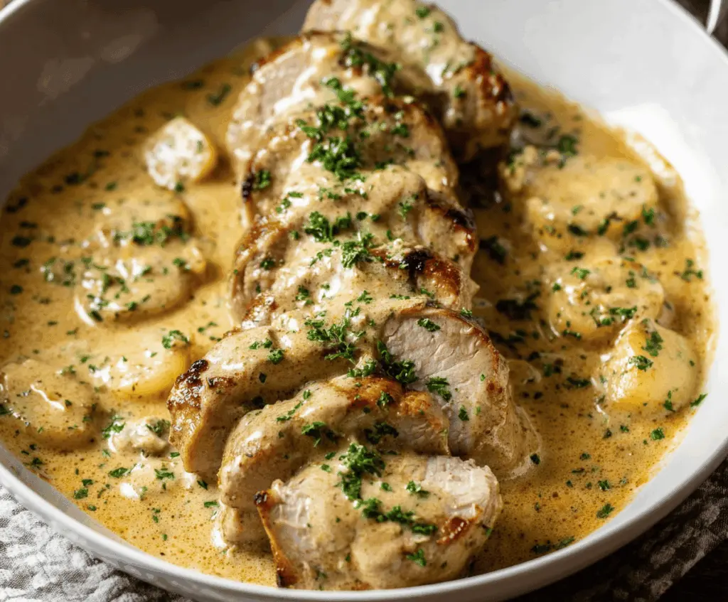 Creamy pork tenderloin served with mashed potatoes and fresh herbs on a white plate, highlighting a savory and tender main dish.