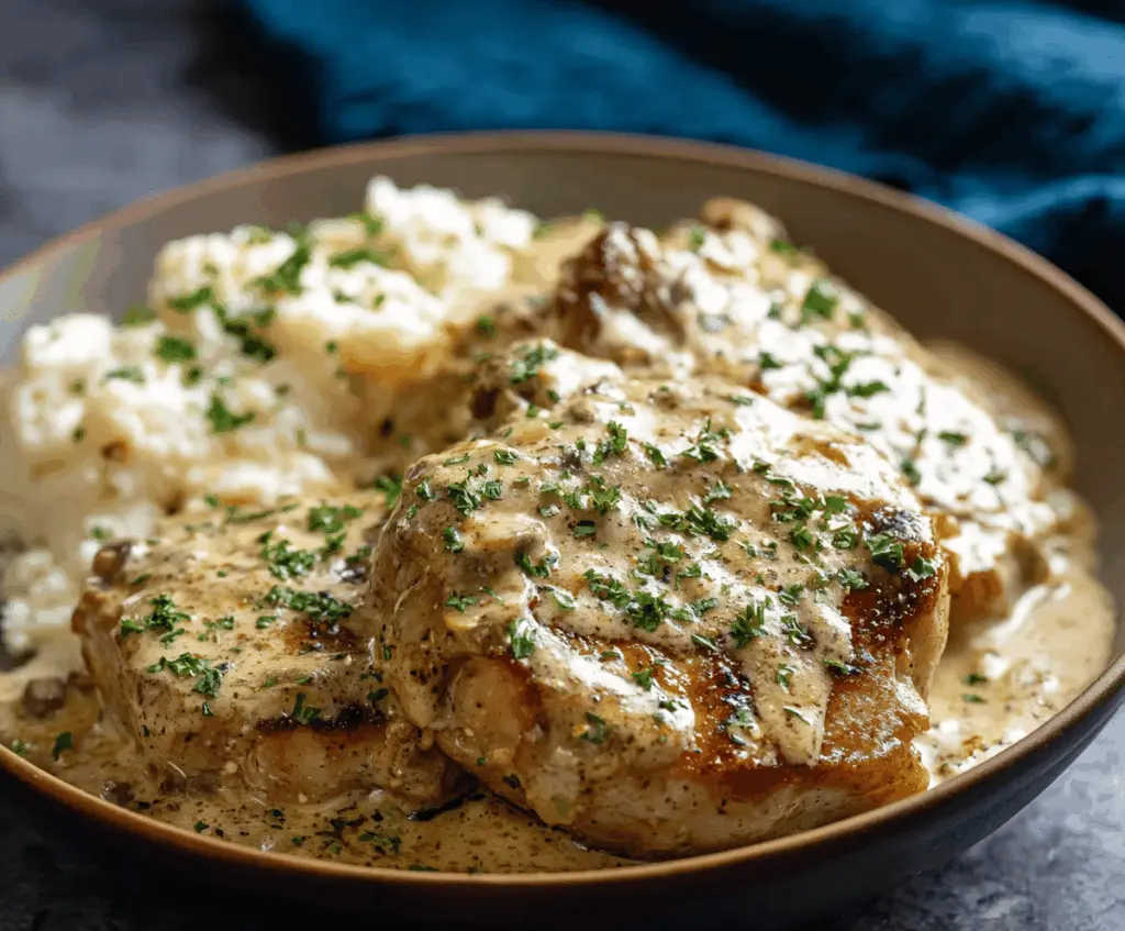 Creamy Ranch Slow Cooker Pork Chops served with mashed potatoes and steamed vegetables on a plate