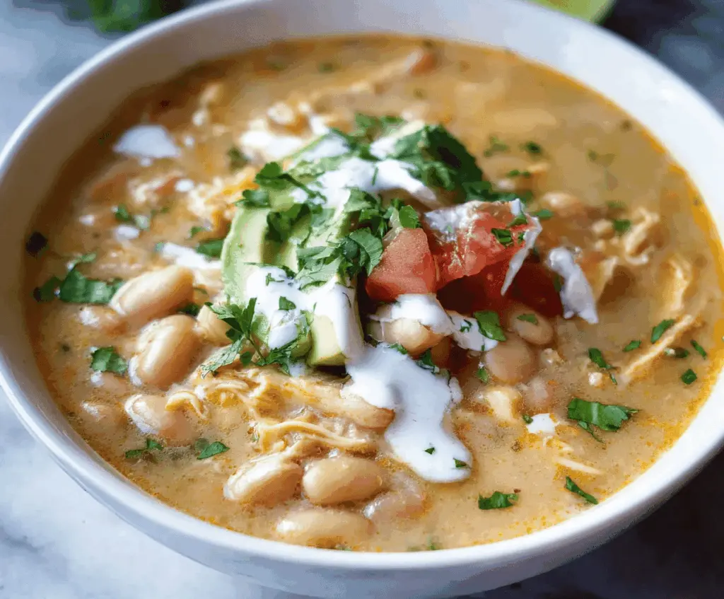 Creamy white bean enchilada soup in a bowl topped with shredded cheese, cilantro, and avocado slices on a rustic wooden table.