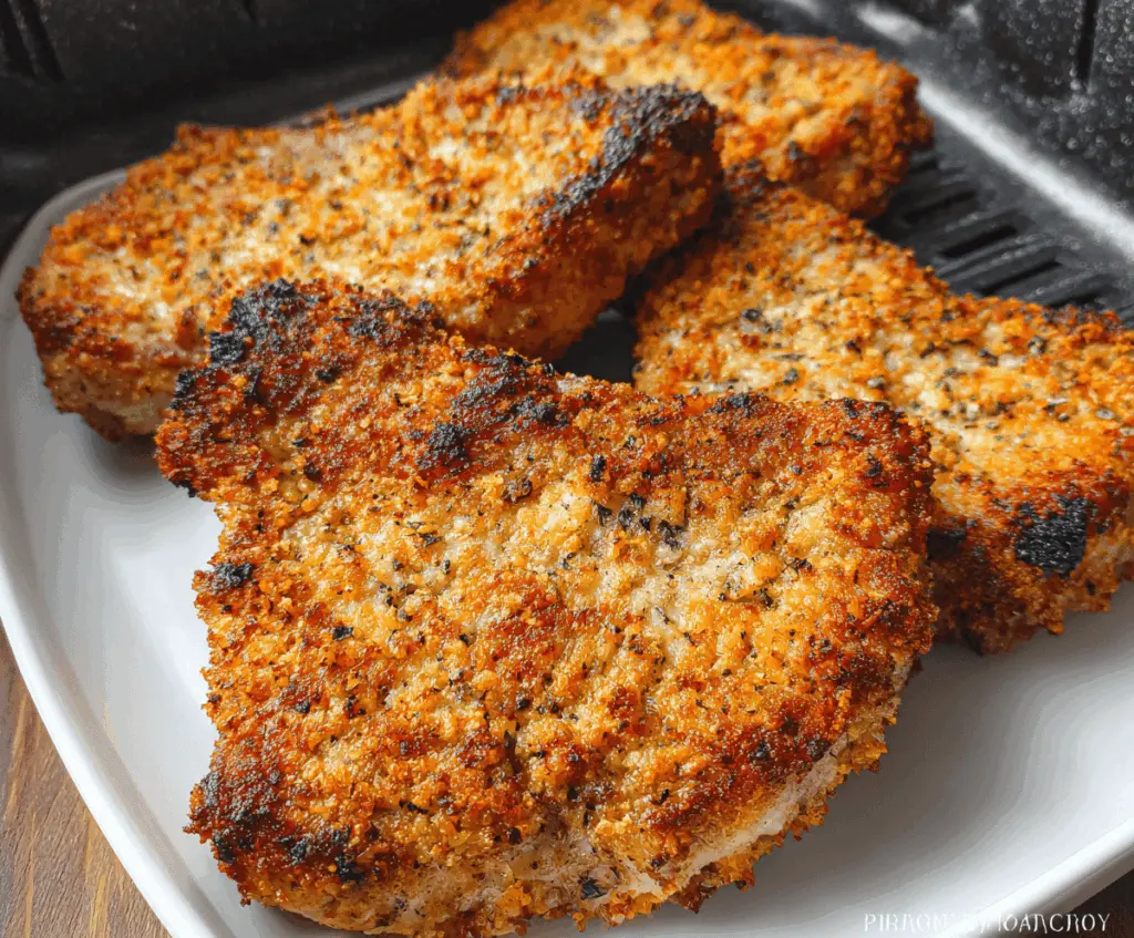 Golden brown crispy air fryer pork chops on a plate, served with fresh vegetables and garnished with herbs.