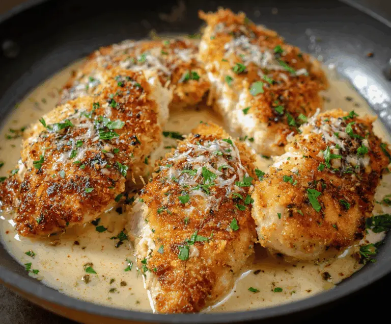 Golden-brown crispy Parmesan chicken served on a plate, garnished with fresh herbs and grated Parmesan cheese