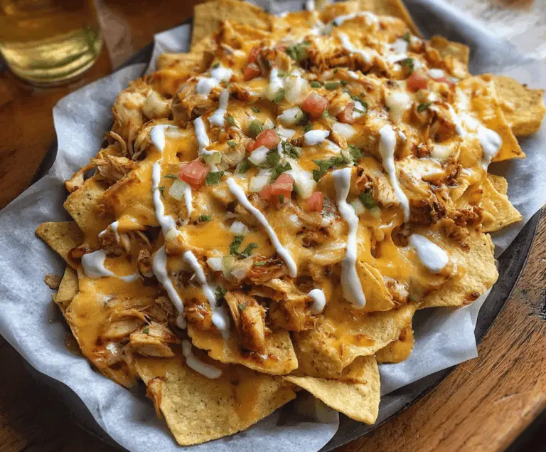 Delicious crockpot creamy chicken nachos topped with melted cheese, fresh salsa, and chopped cilantro on a plate