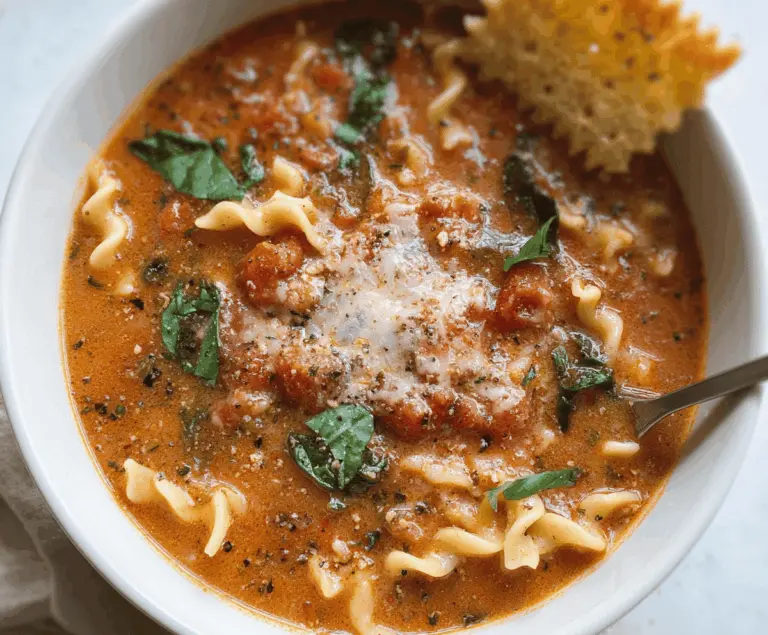 A steaming bowl of dairy-free lasagna soup topped with fresh basil and melted dairy-free cheese, showcasing layers of seasoned tomato broth, vegetables, and pasta for a hearty, allergy-friendly meal.