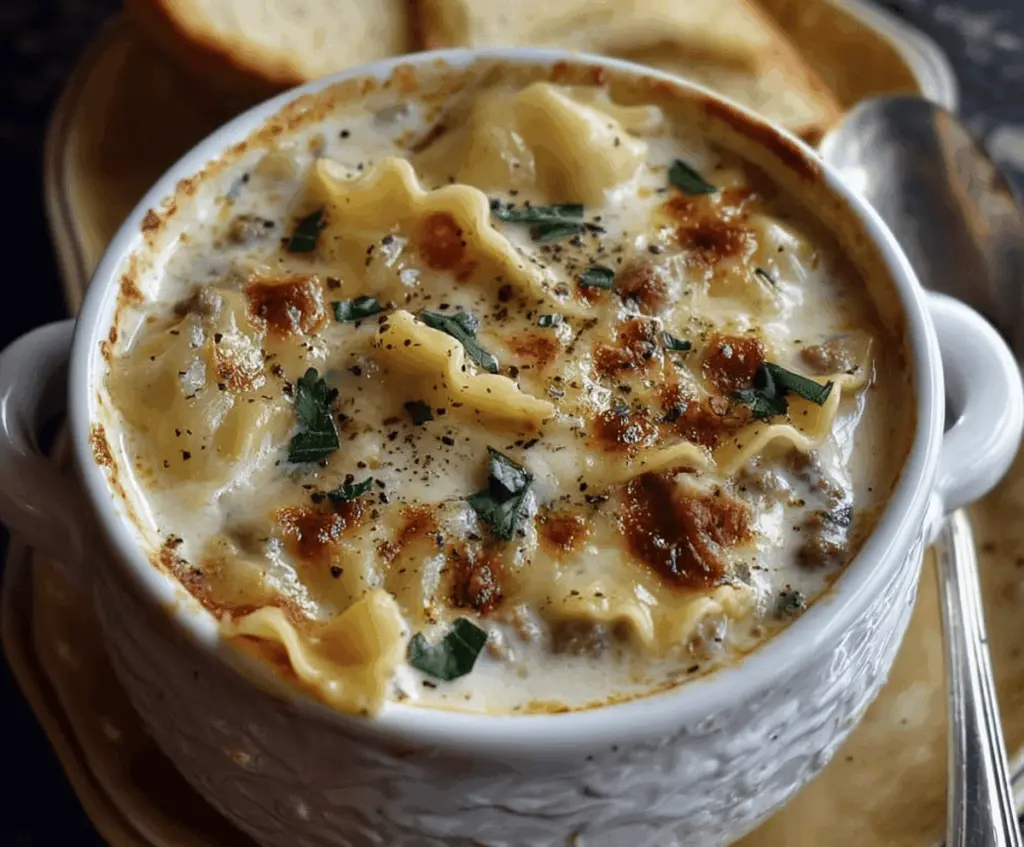 Creamy Alfredo Lasagna Soup with layers of cheese, pasta, and rich Alfredo sauce in a bowl