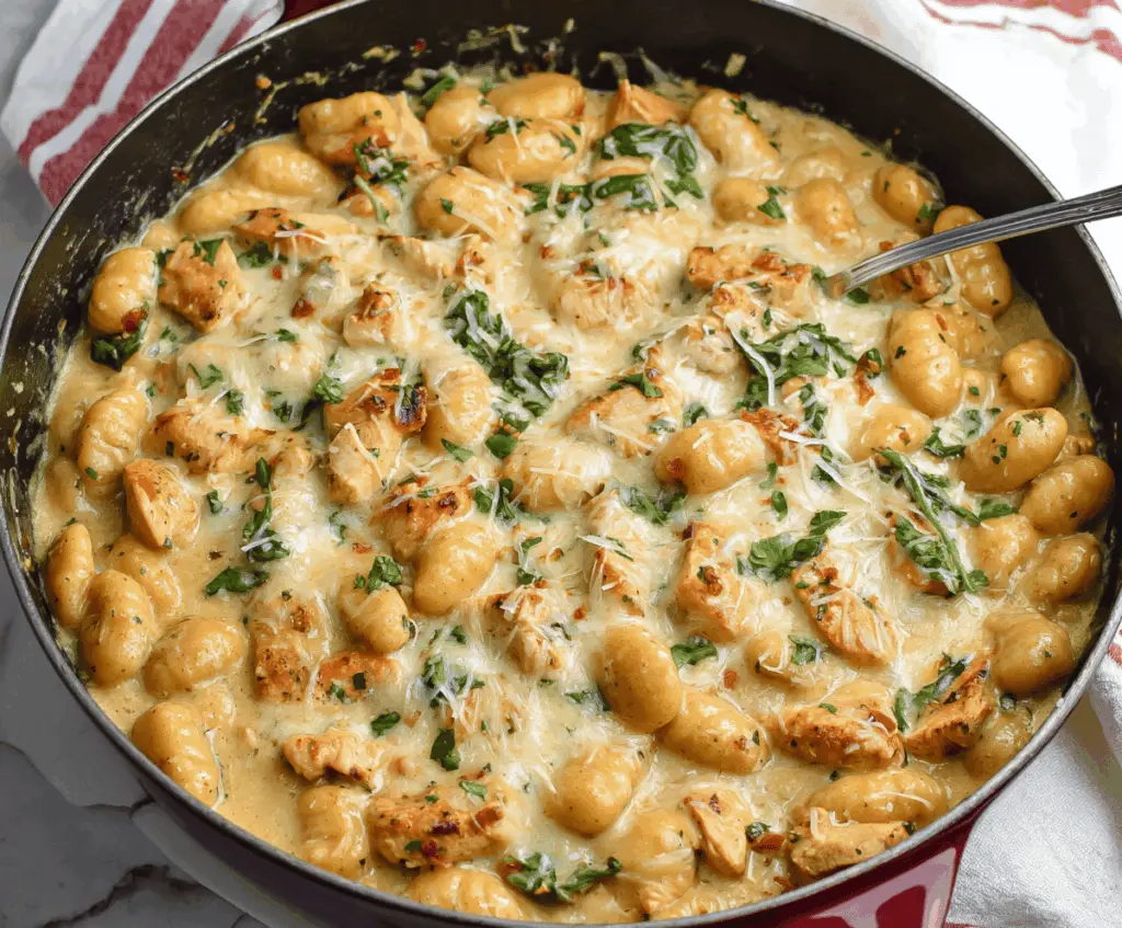 Creamy garlic chicken and tender gnocchi skillet with fresh herbs and vegetables, perfect for a quick and flavorful meal.