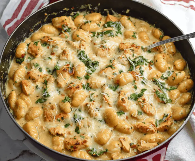 Creamy garlic chicken and tender gnocchi skillet with fresh herbs and vegetables, perfect for a quick and flavorful meal.
