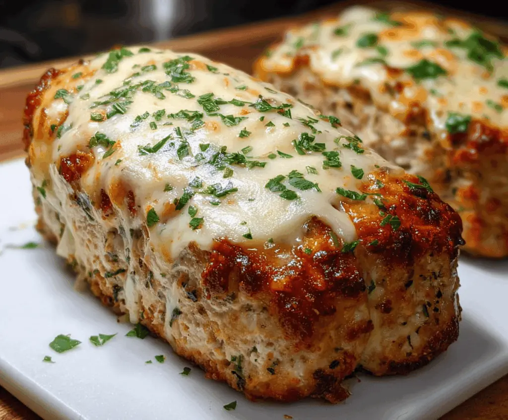 Delicious Garlic Parmesan Chicken Meatloaf topped with melted cheese and fresh herbs, ready to serve
