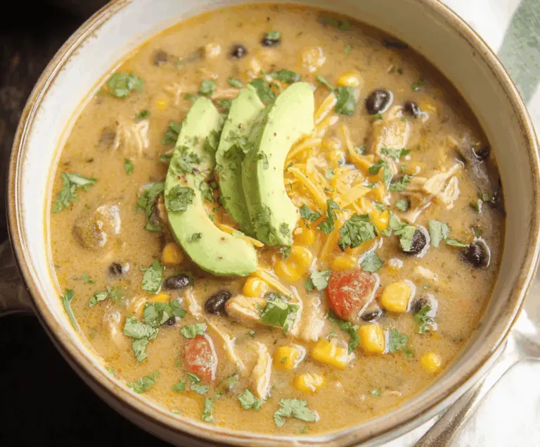 A bowl of green enchilada chicken soup topped with fresh cilantro, melted cheese, and sour cream, served with tortilla chips on the side.
