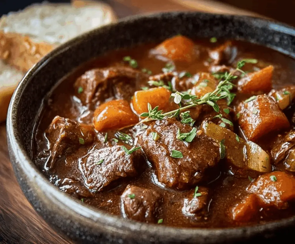 Hearty Guinness Irish Beef Stew with tender beef chunks, vegetables, and a rich, flavorful broth in a rustic bowl.