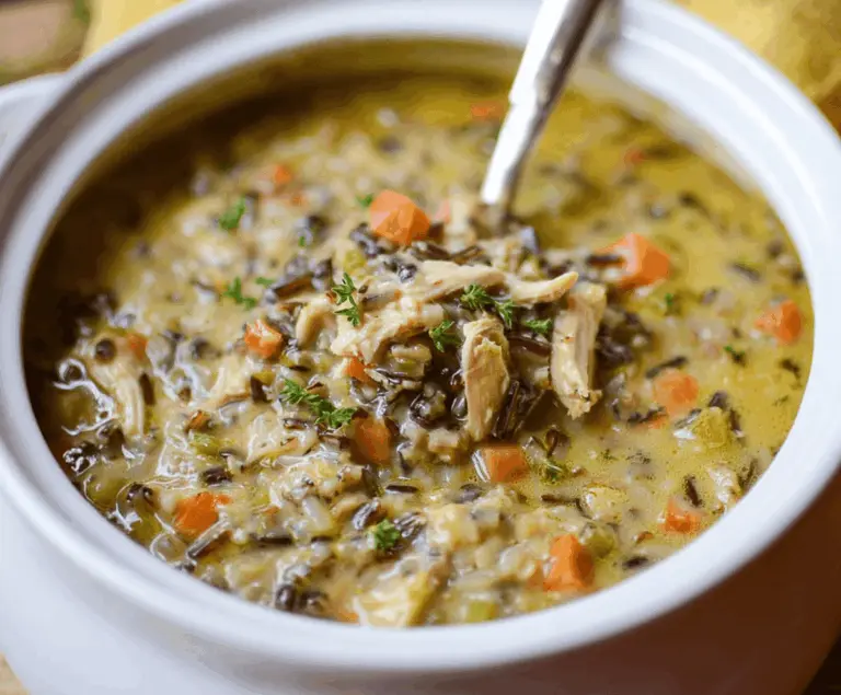 Hearty bowl of Healthy Chicken Wild Rice Soup with tender chicken, wild rice, and fresh vegetables in a creamy broth