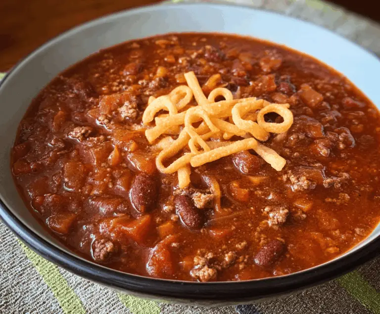 Savory bowl of Hillbilly Chili featuring seasoned ground beef, beans, tomatoes, and spicy peppers in a rustic setting
